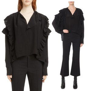 NWT Isabel Marant Libel Ruffled Silk Blouse Sz 44 in Black Tie-Neck Ribbon